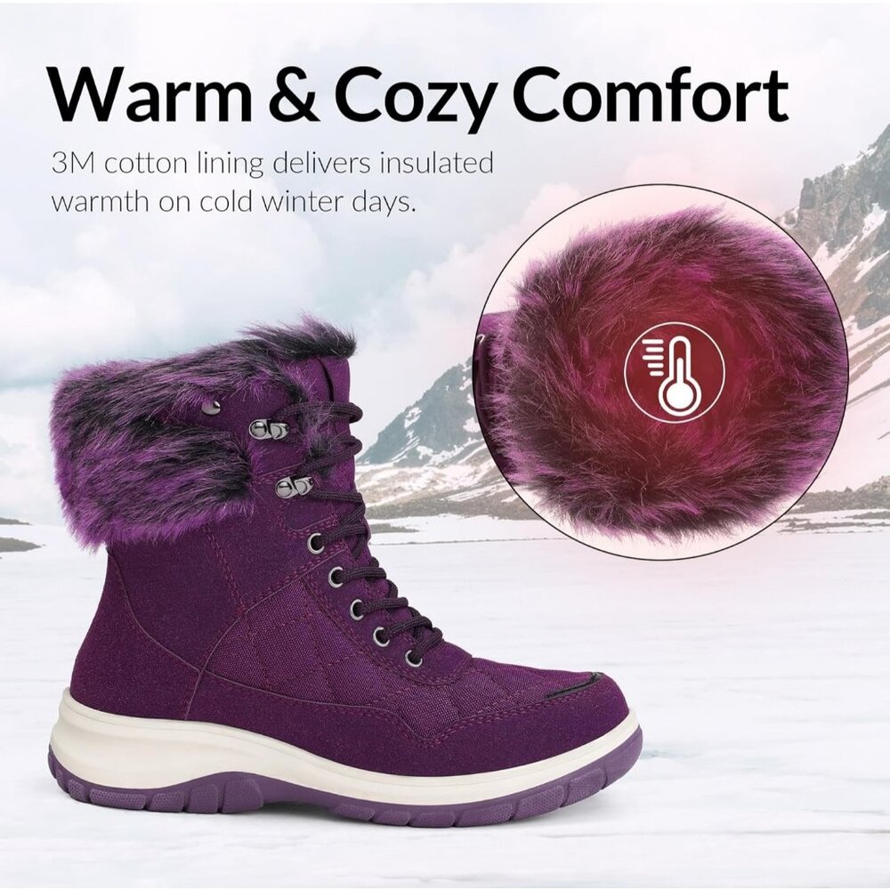 Women's Purple Waterproof Insulated Snow Boots Lace-Up Winter Booties - Picture 4 of 5